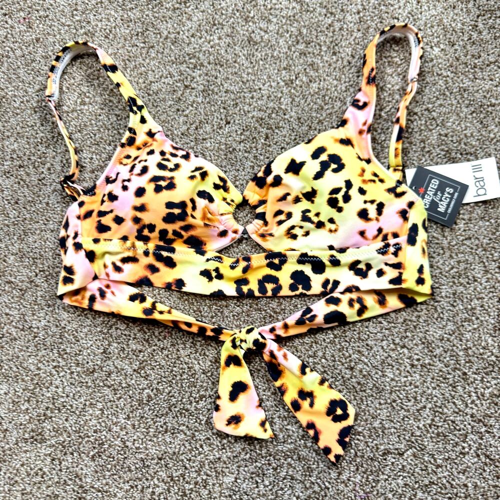 Bar III Leopard Watercolor Swimsuit Bikini Top Size XS NWT Cutout Ring Tropical